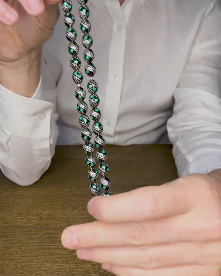 Mastercrafted Original Oltu Stone Tasbeeh with Turquoise &amp; Silver Inlay and Silver Tassel – WATD840