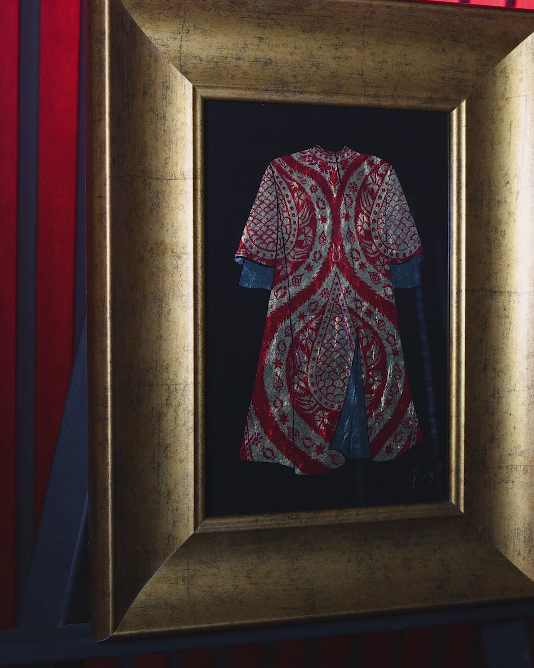 Handcrafted Tulip-Patterned Kaftan Design Glass Wall Art with Gold Leaf Wooden Frame - WAAH453