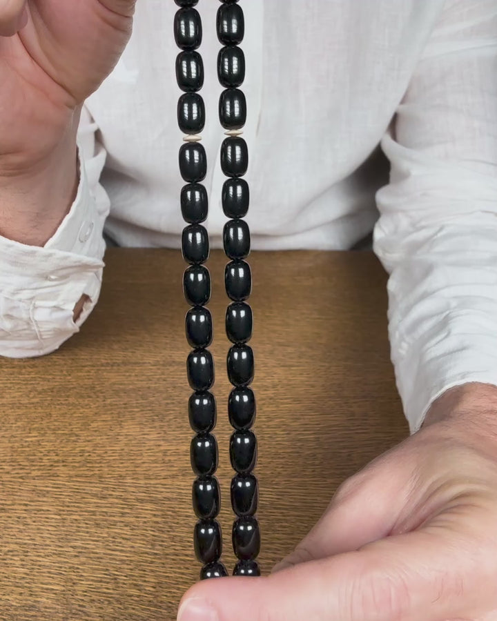 Black Pressed Amber Tasbeeh with Kuka Wood Imam Bead &amp; Silver Tassel - WATE042