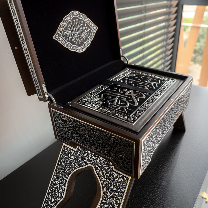 Premium Wooden Quran Stand and Quran with Silver Engravings - WAP014