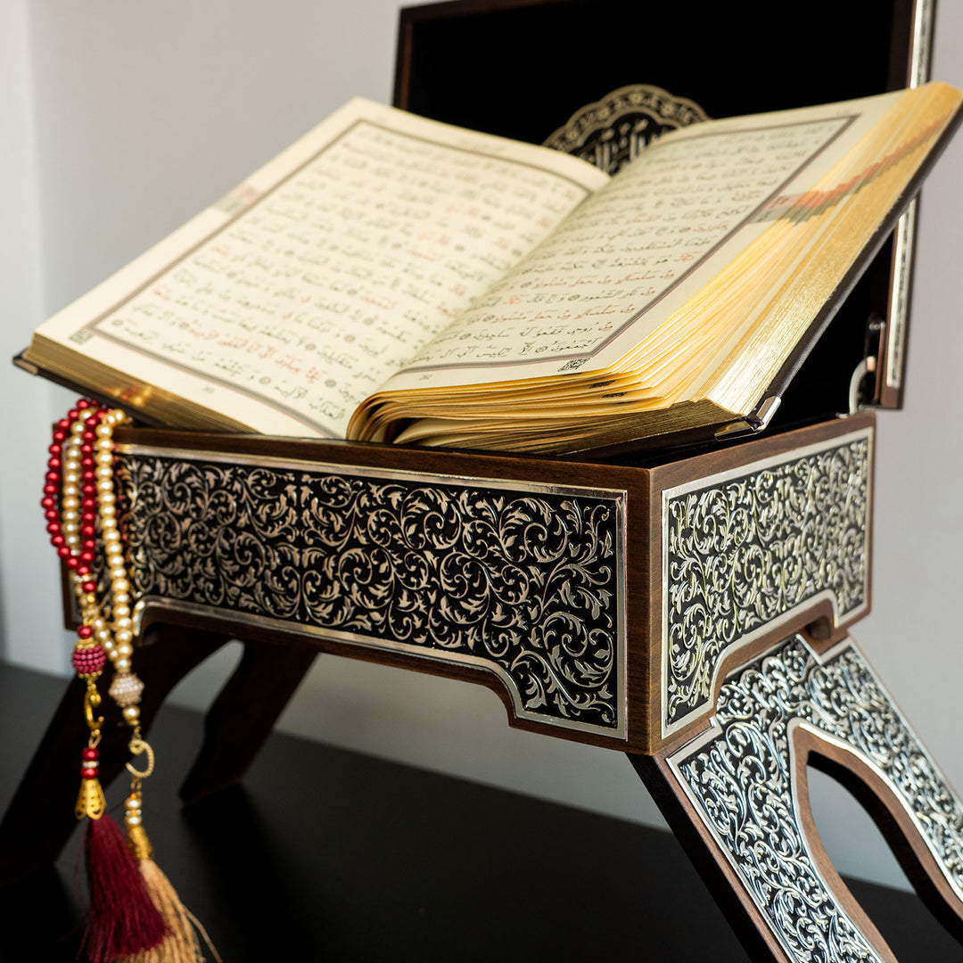 Premium Wooden Quran Stand and Quran with Silver Engravings - WAP014