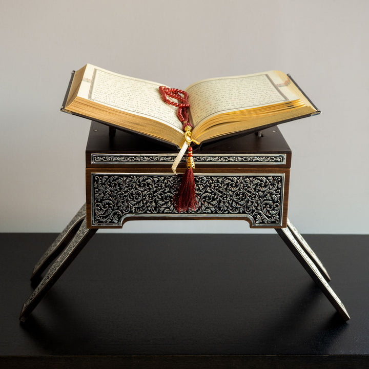 Premium Wooden Quran Stand and Quran with Silver Engravings - WAP014