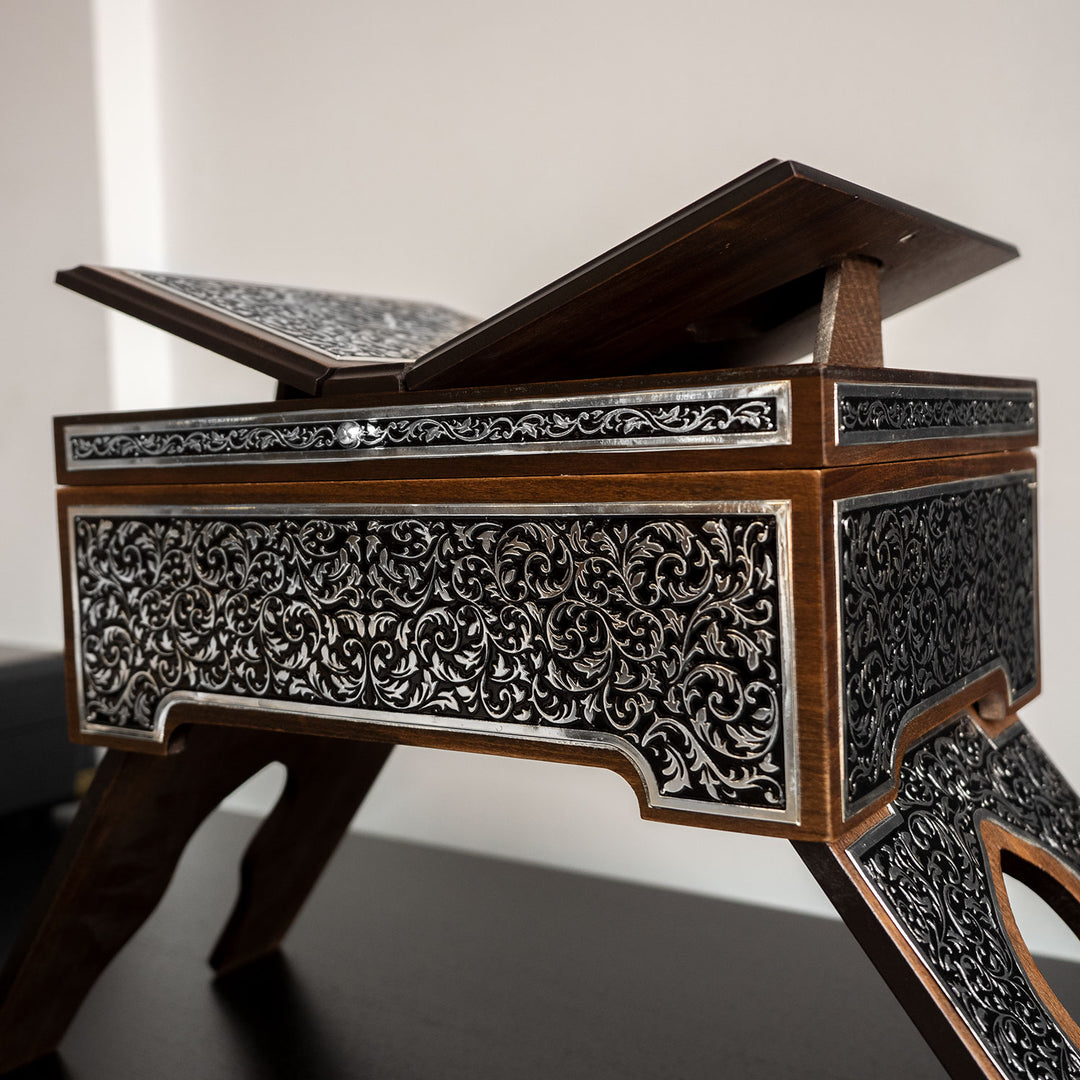 Premium Wooden Quran Stand and Quran with Silver Engravings - WAP014