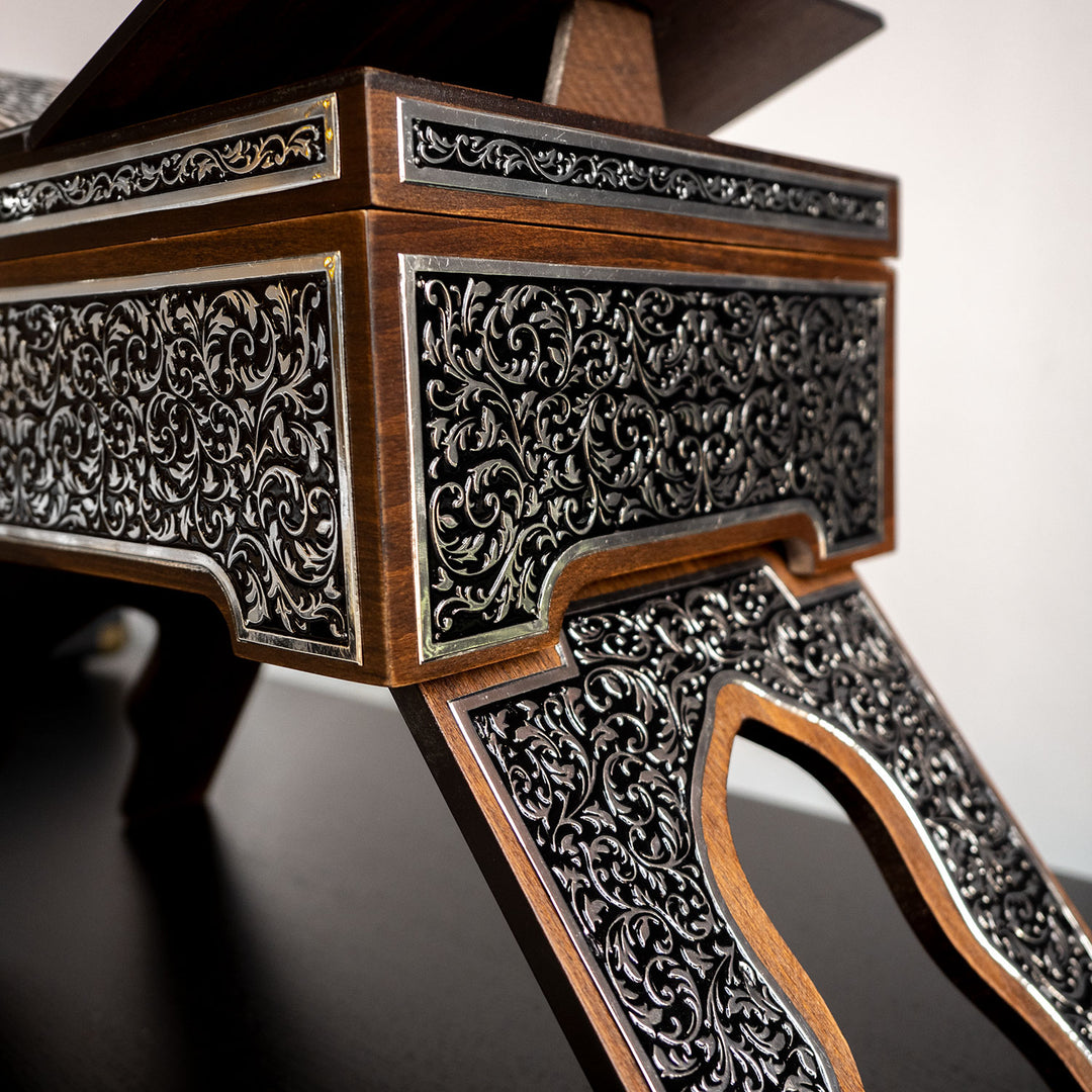 Premium Wooden Quran Stand and Quran with Silver Engravings - WAP014